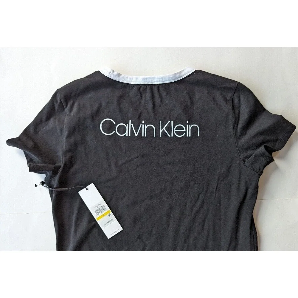 Calvin Klein Dress Women's Sz M Logo Piped Shirt Dress Black/White NWT $49 - Picture 2 of 6